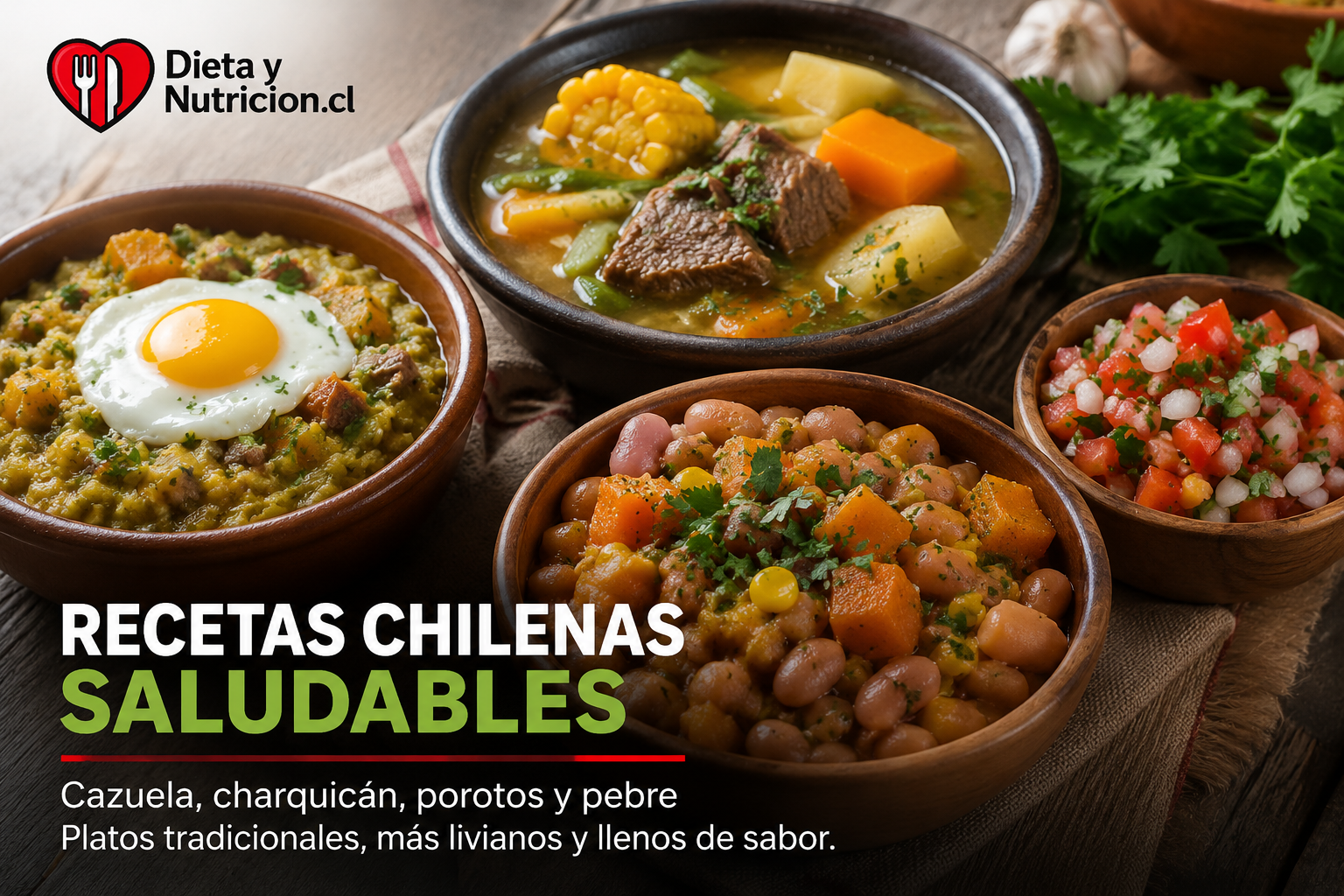 Imagen ilustrativa sobre recetas chilenas saludables: cazuela, charquicán, porotos y pebre